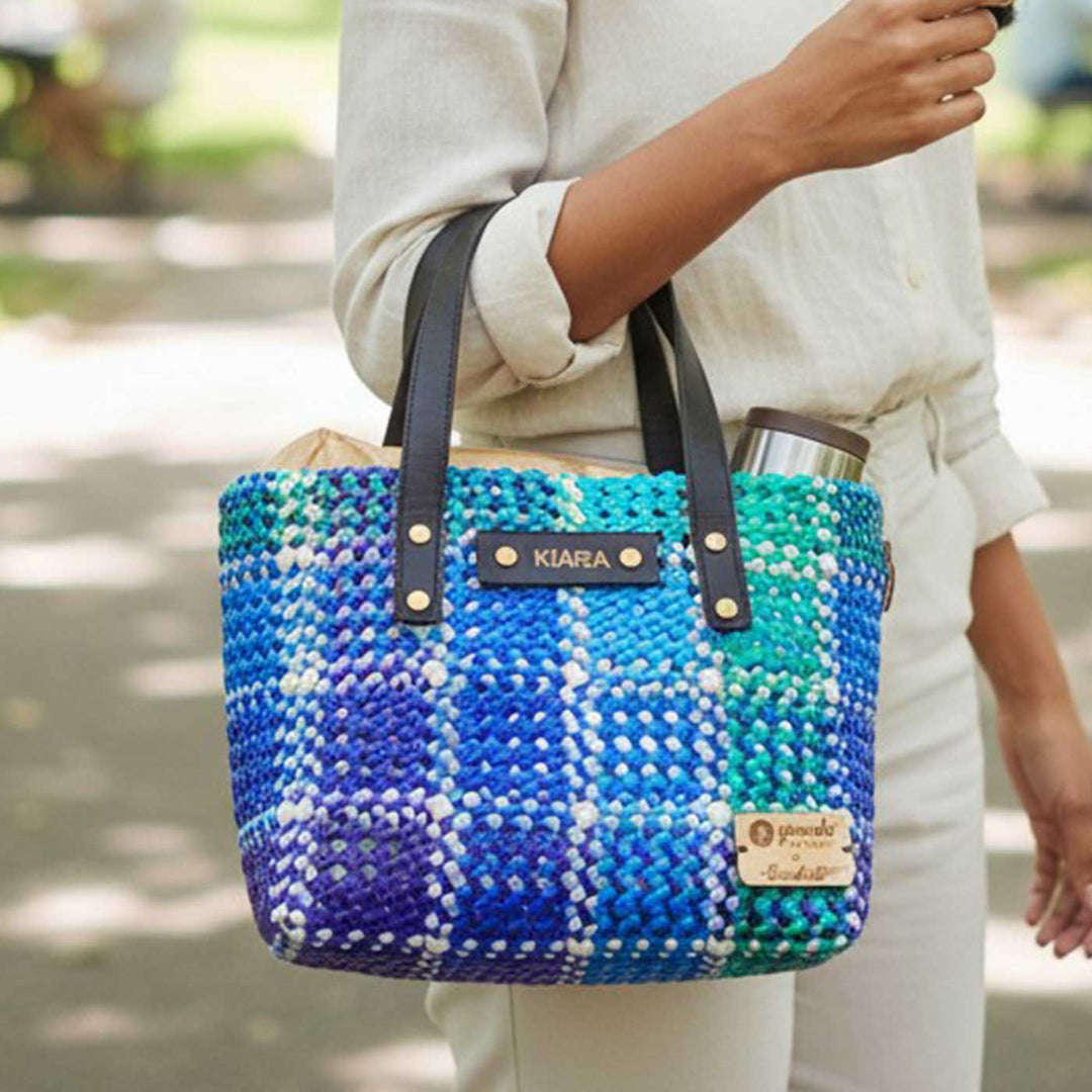 Blue Checks Mukhya Knot Handmade Small Koodai Bag