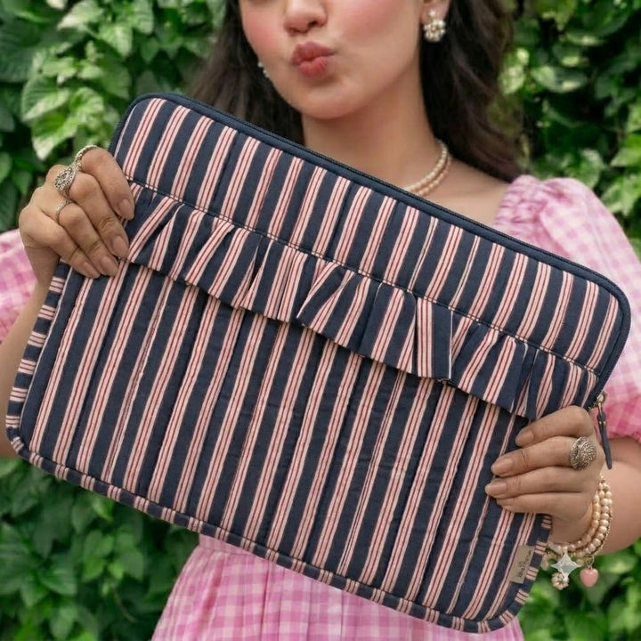 "Elenor" Ruffled Laptop Sleeve With Cushioned Padding For Women | Thin Stripes