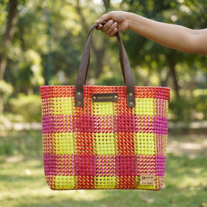Pink And Florecent Green Checks Handmade Wire Koodai Tote Bag