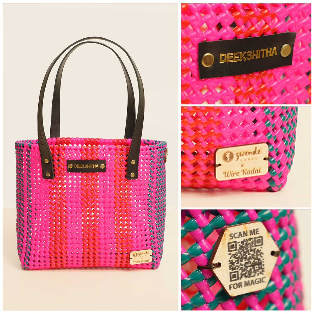 Pink And Red Stripes Handmade Wire Koodai Tote Bag