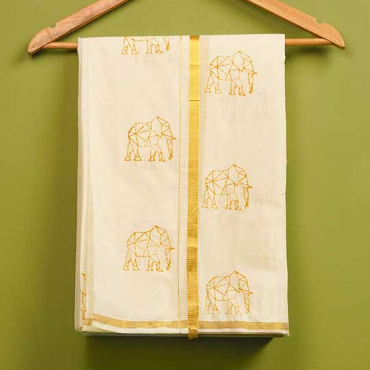 Elephant Motif Dhoti | Hand Block Printed Traditional Kasavu Dhoti With Golden Zari | Onam Special | 3.5m