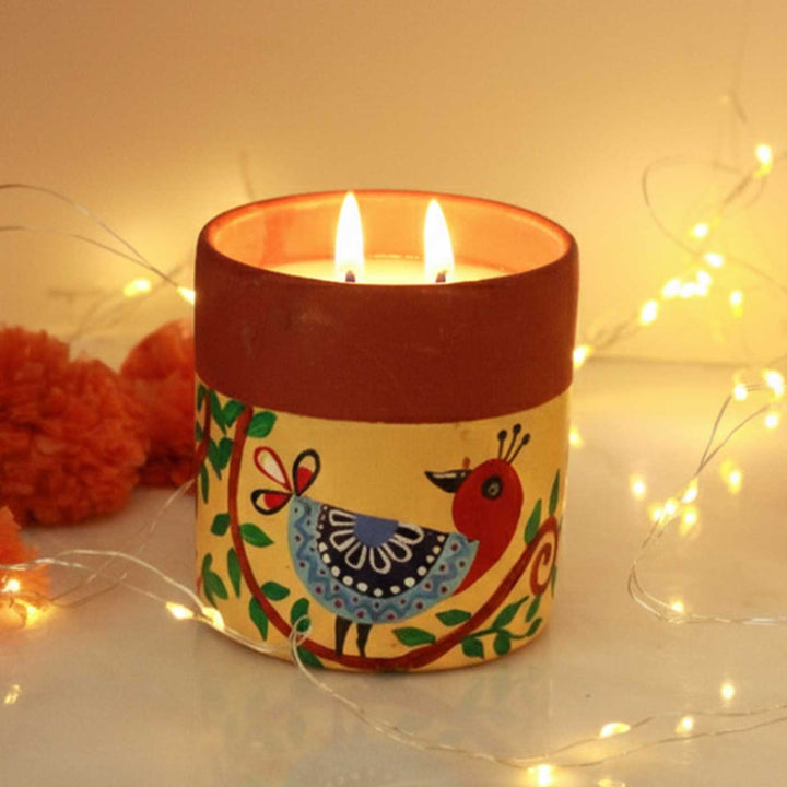 Hand-Painted Small Bird Madhubani Terracotta Candle Jars