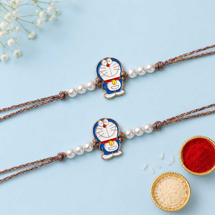 2 Pc | Handmade Doraemon Charm Kids Rakhi Set With Roli Chawal For Twins
