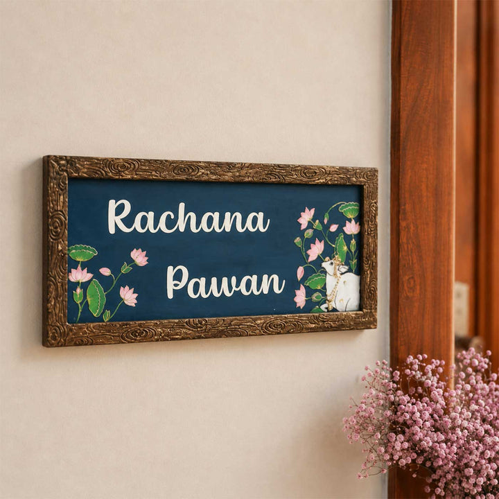 Pichawai Theme Personalized Wooden Name Plate With Border For Home