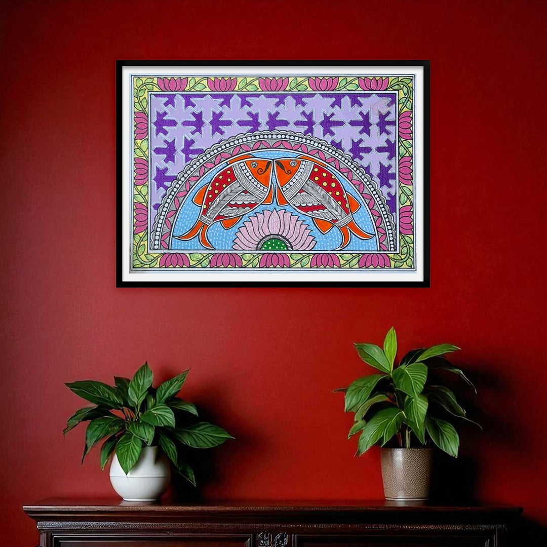 8 x 5 Inch | Duo Fish & Lotus | Original Hand Painted Madhubani Painting On Paper