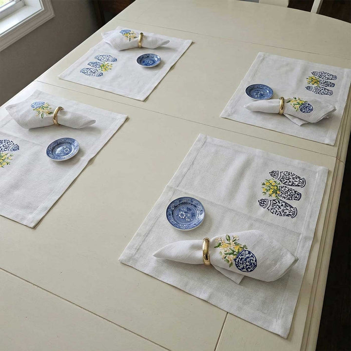 4 Pc | Embroidered White & Blue Pottery Cotton Table Mat