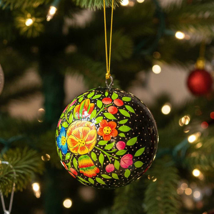 Floral Handmade Kashmiri Paper Mache Christmas Ball Ornament For Tree Decor