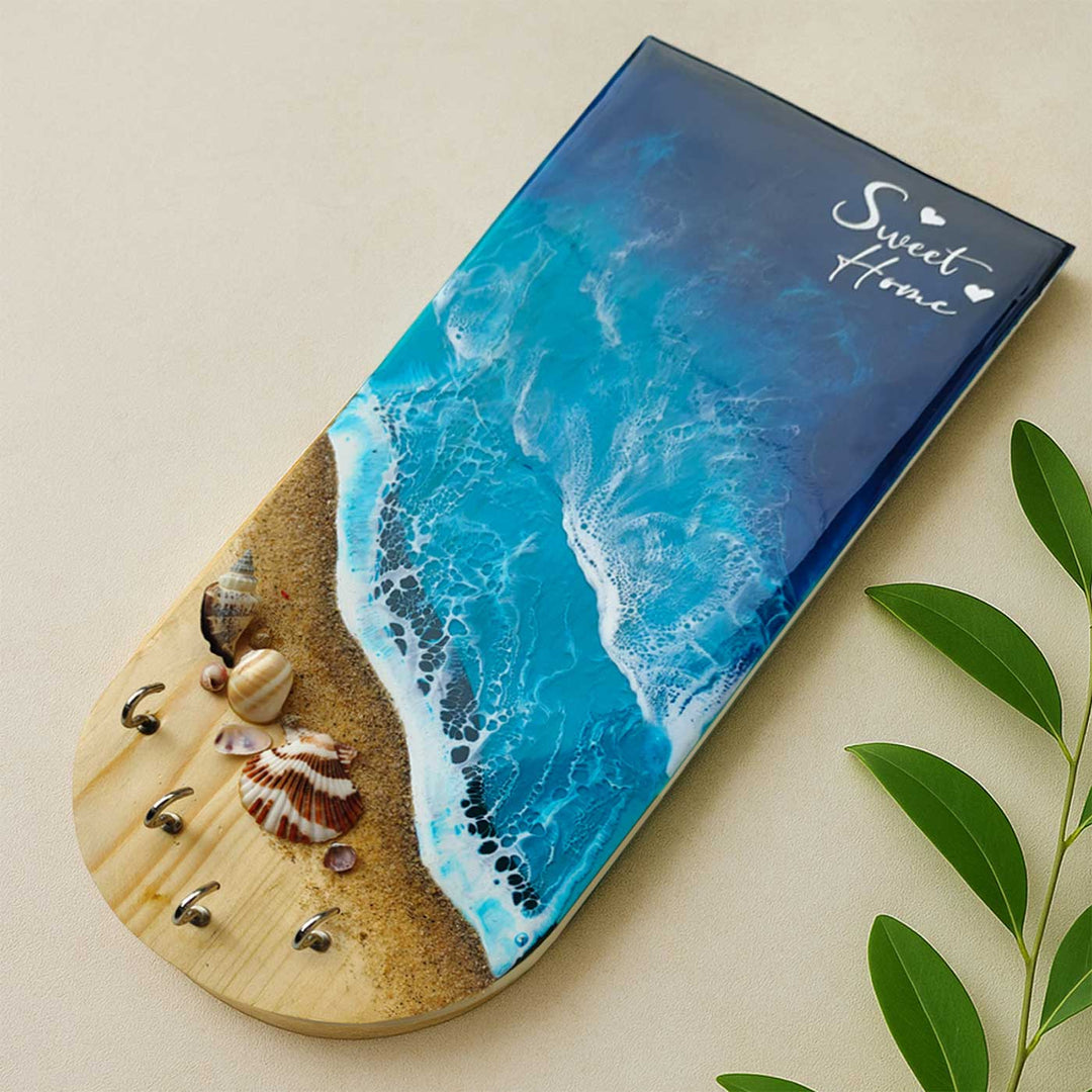 Beach Theme Wood And Resin Key Holder | With 4 Hooks
