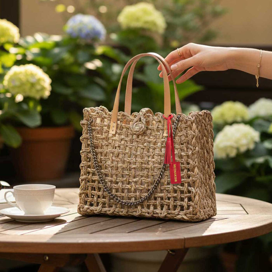 Handmade Grass Woven Boxed Metal Chain Strap Gold Sabai Mesh Sling Bag