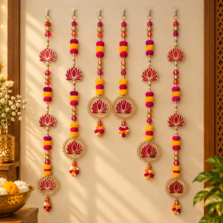 6 Pc | Handmade Decorative Pom Pom & Lotus MDF Hangings With Bangle Accents