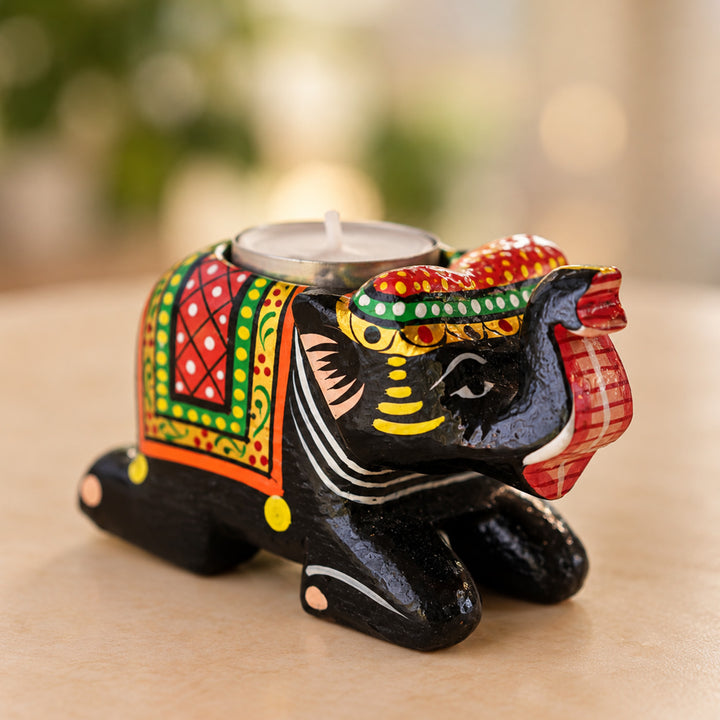 Handmade Black Elephant 3D Wooden Tealight Holder For Festive Golu Decor