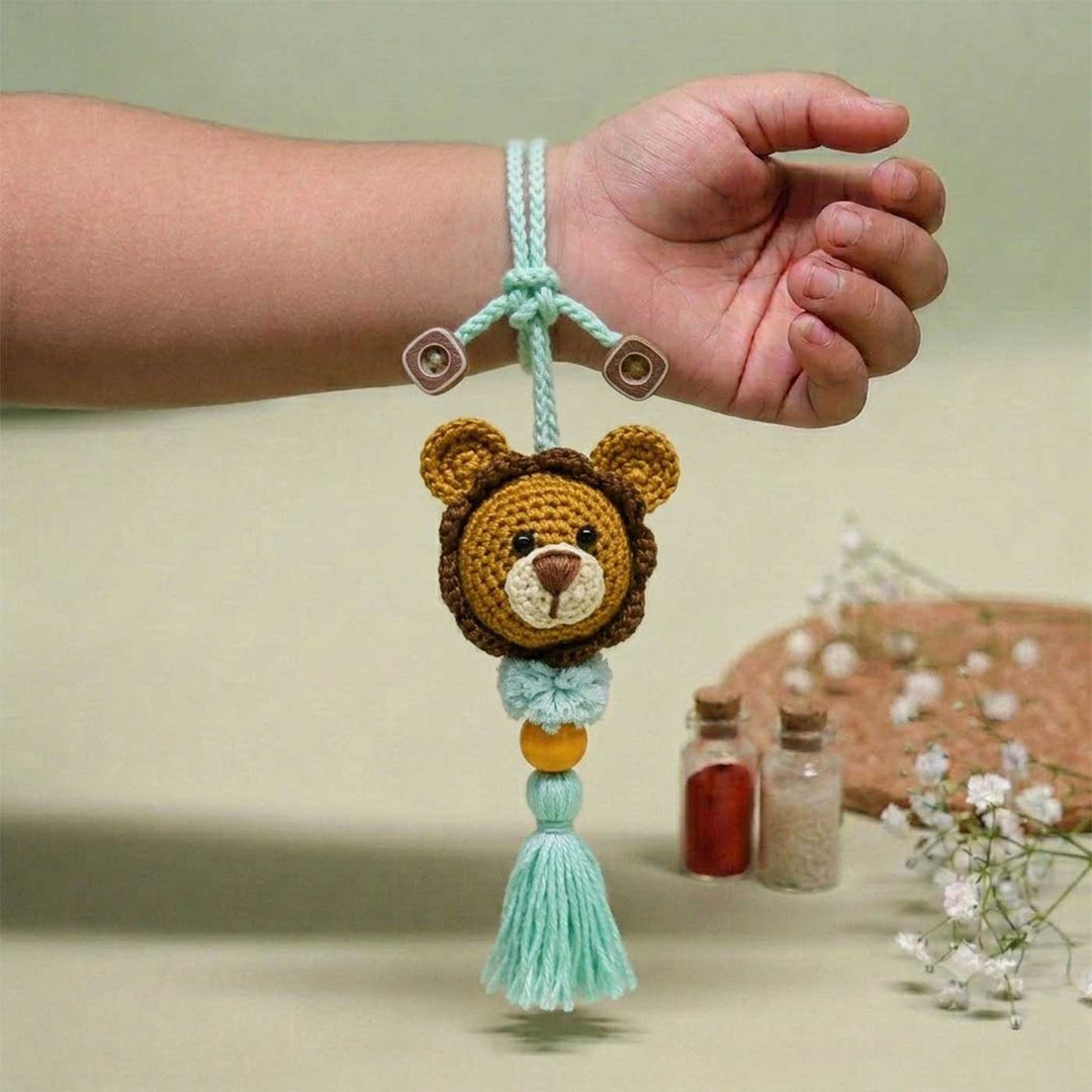 Handmade Crochet Lion Cub Kids Lumba Rakhi With Roli Chawal