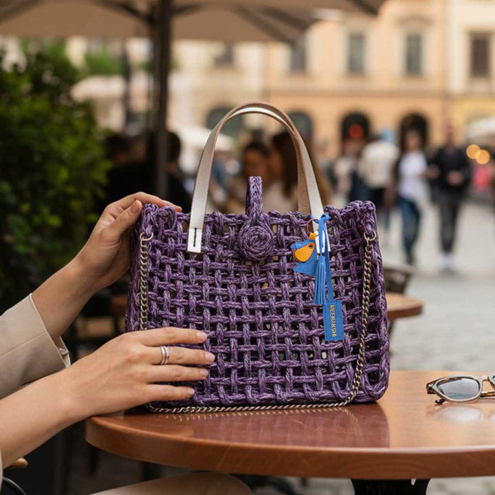 Handmade Grass Woven Boxed Metal Chain Strap Lavender Sabai Mesh Sling Bag
