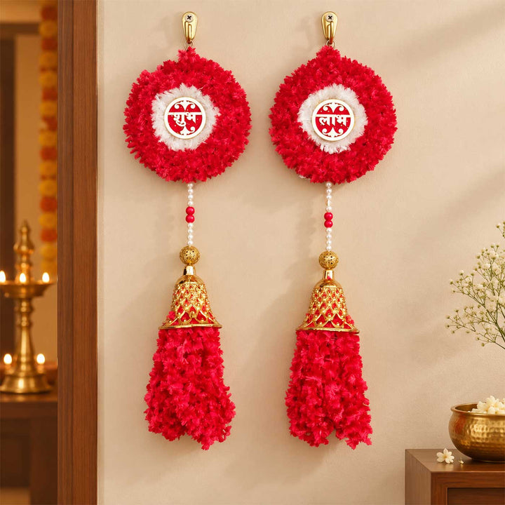 2 Pc | Handcrafted Shubh Labh Fur Wool Hanging With Pearl Beads & Bell Tassels For Door Decor