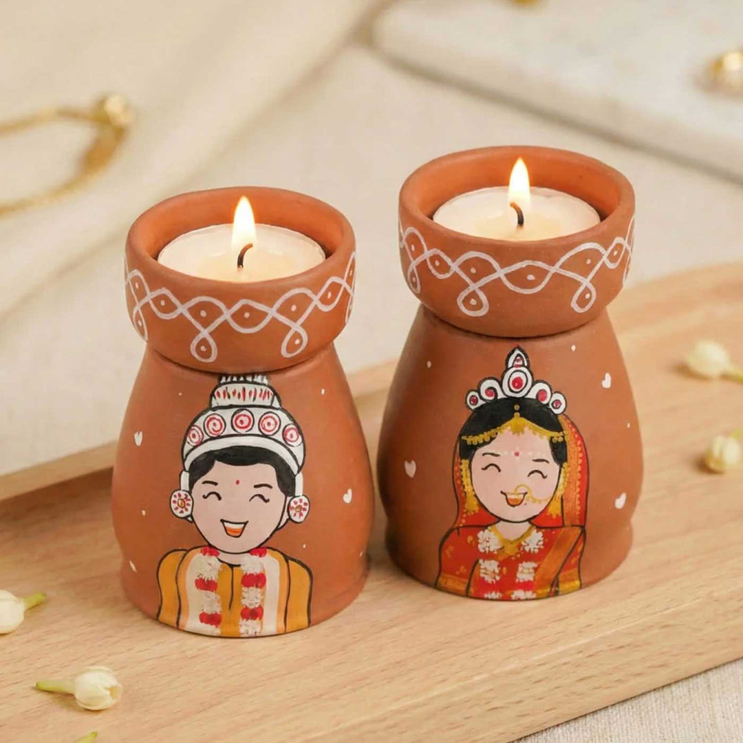 2 Pc | Bengali Couple Personalized Handpainted Terracotta Tealight Holder