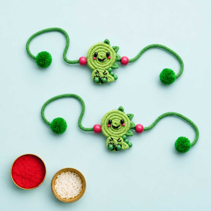 2 Pc | Handmade Doriwork Dinosaur Kids Rakhi With Roli Chawal For Twins