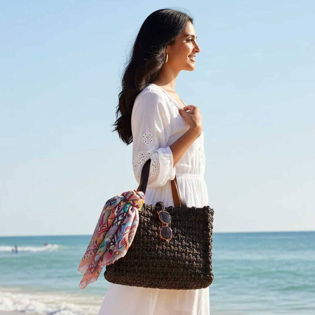 Handmade Grass Woven Leather Strap Box Shaped Black Sabai Mesh Tote Bag