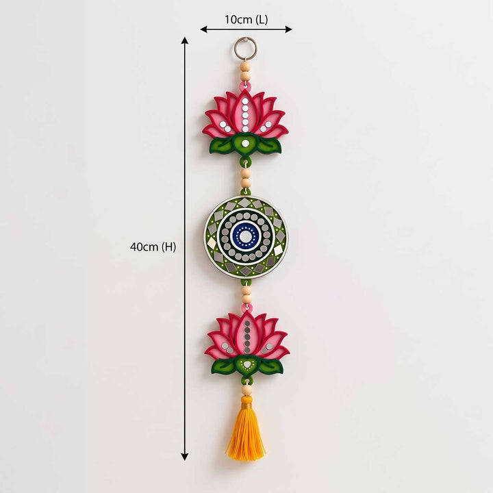 2 pc | Festive Lotus & Mandala Mirror Work Wooden Hanging With Tassel