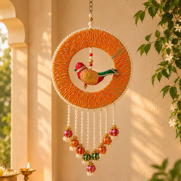 Handcrafted Chidiya Swing Gota Patti Bird Motif Wall Hanging with Beads & Pearls