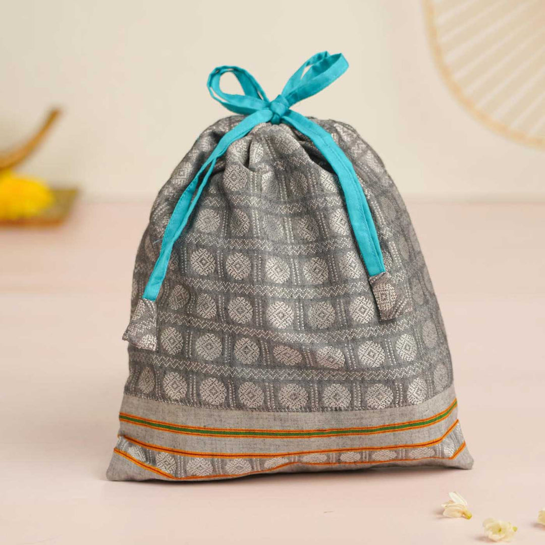 Handmade Grey Khunn Fabric Cotton Thamboolam Potli