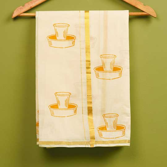 Filter Coffee Motif Dhoti | Hand Block Printed Traditional Kasavu Dhoti With Golden Zari | Onam Special | 3.5m