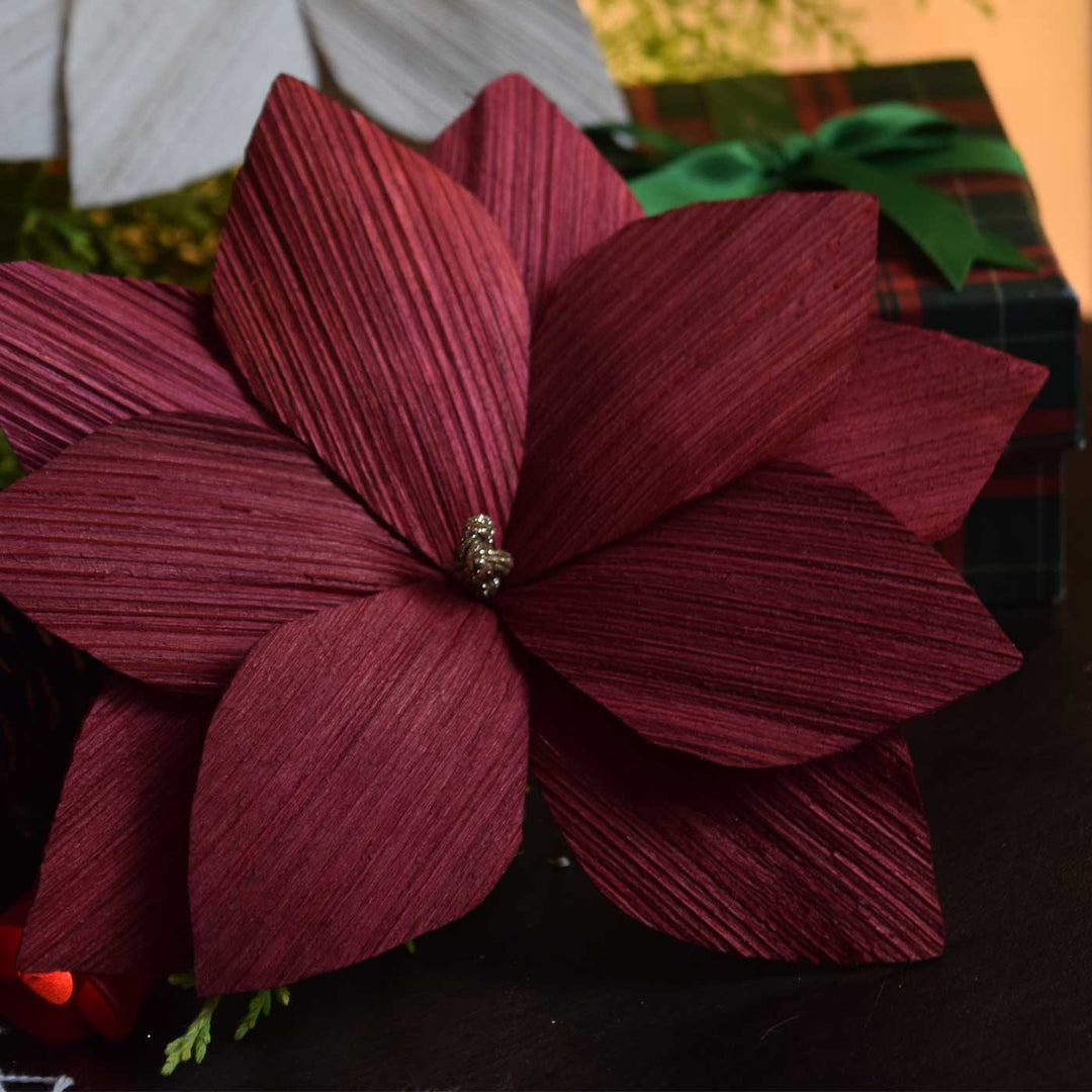 Handmade Areca Nut Red Poinsettia Flower Christmas Ornament