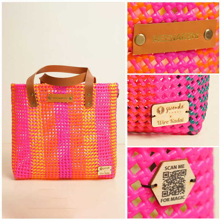 Pink And Orange Stripes Handmade Wire Koodai Tote Bag