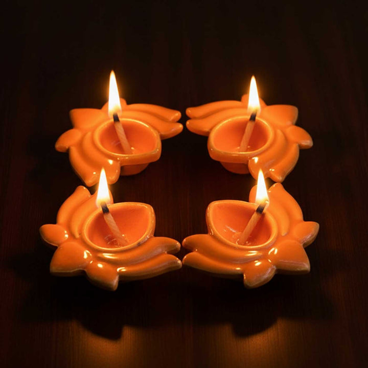 Set Of 4 | Handmade Orange Lotus Design Ceramic Oil Lamp / Diya