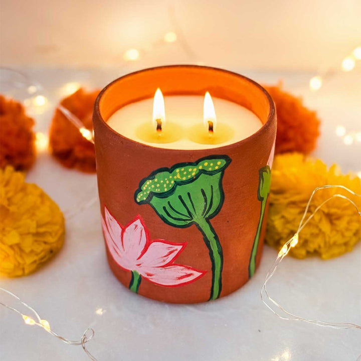 Hand-Painted Lotus Madhubani Terracotta Candle Jars