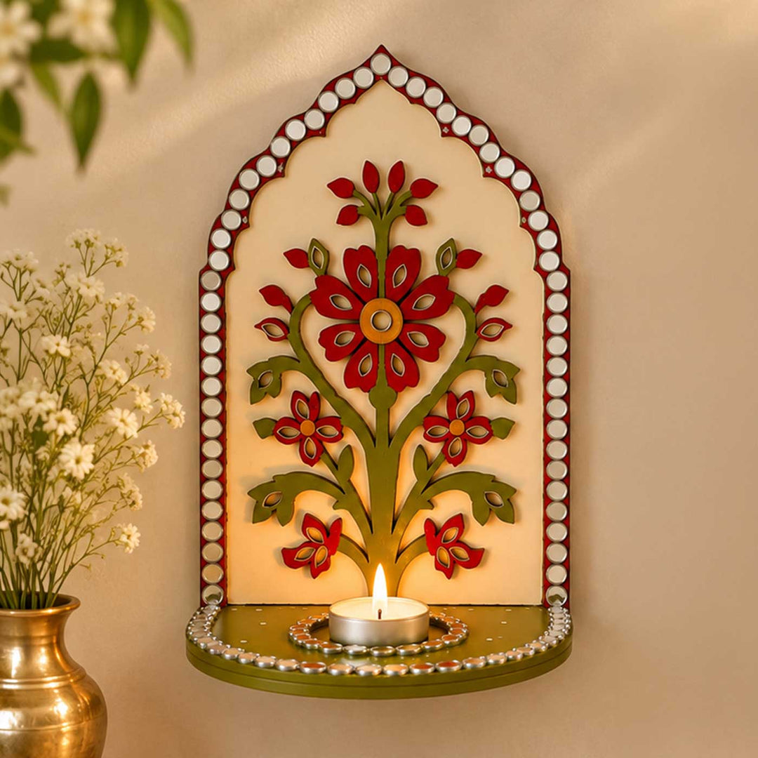 2 pc | Handcrafted Flower Mirror Work MDF Tealight Holders For Festive Decor