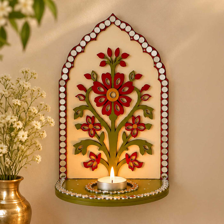 2 pc | Handcrafted Flower Mirror Work MDF Tealight Holders For Festive Decor