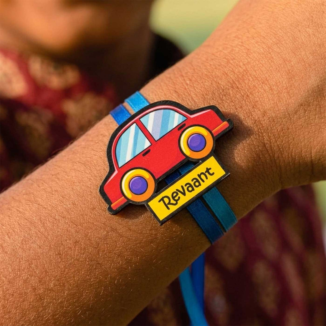 Personalized Reusable X-Large Red Car MDF Wood Rakhi With Roli Chawal