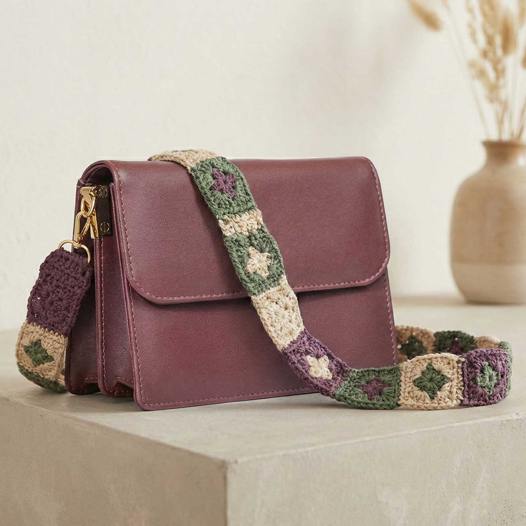 Handmade Crochet Brown And Green Star Design Cotton Sling Bag Belt