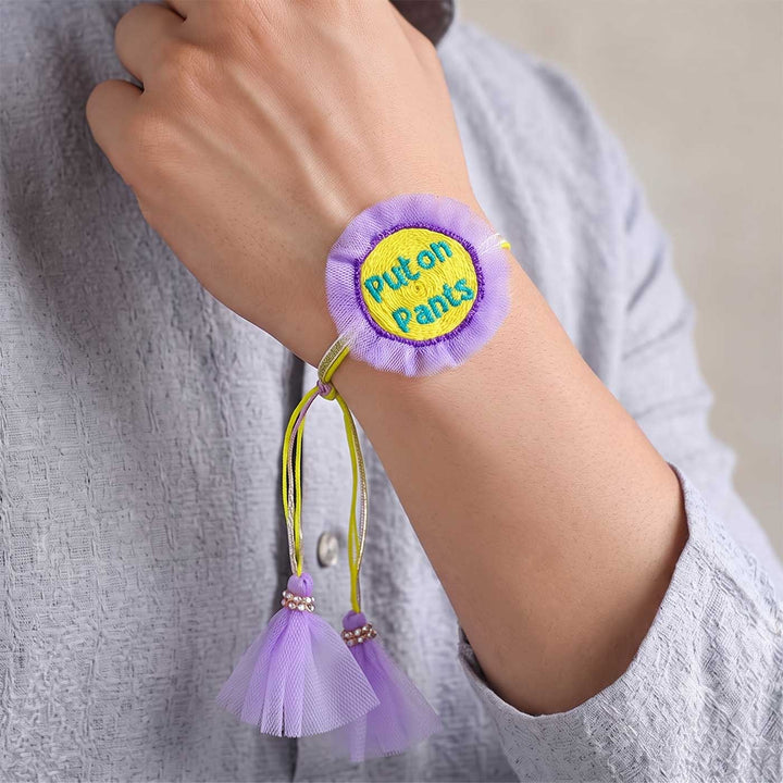 Handmade Thread Embroidered "Put On Pants" Reusable Rakhi Magnet For Brother