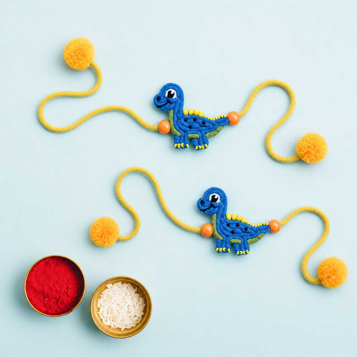 Handmade Doriwork Blue Dinosaur Kids Rakhi With Roli Chawal For Twins | Set of 2