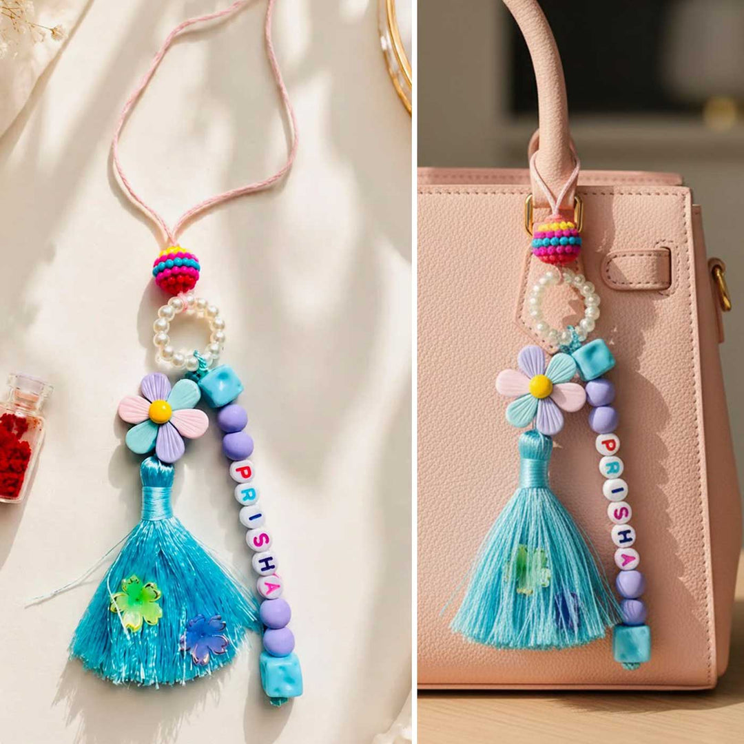 Handmade Personalised Name Tassel Lumba With Bead Detailing With Roli Chawal For Bhabhi