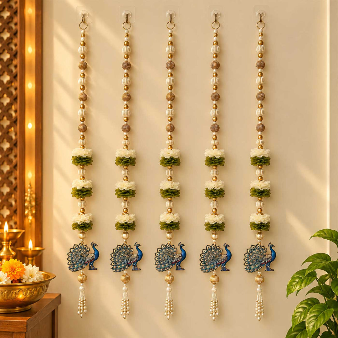 6 Pc | Handmade White & Green Peacock Hangings with Tissue Fabric Flowers & Moti Beads