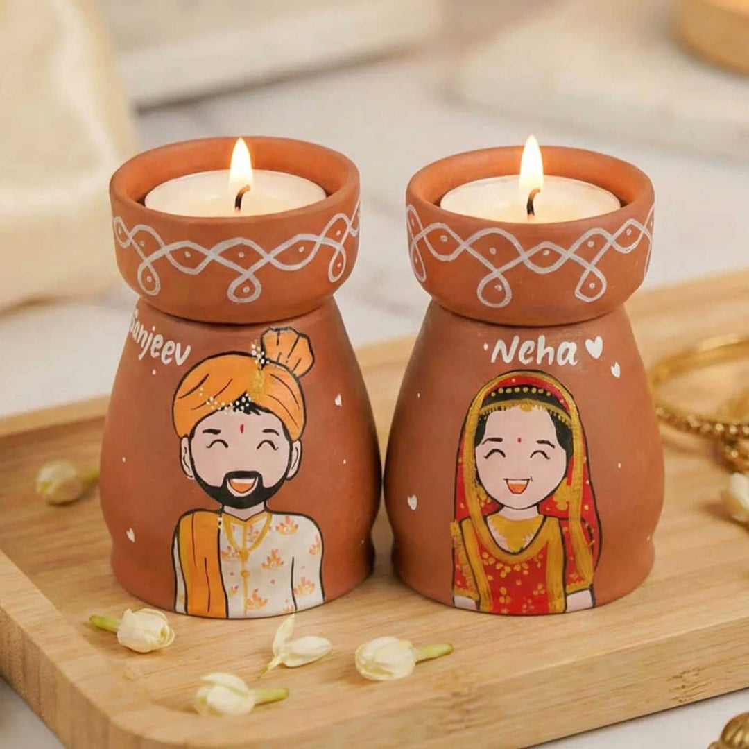 2 Pc | Rajasthani Couple Personalized Handpainted Terracotta Tealight Holder