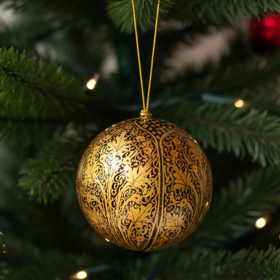 Black & Gold Handmade Kashmiri Paper Mache Christmas Ball Ornament For Tree Decor