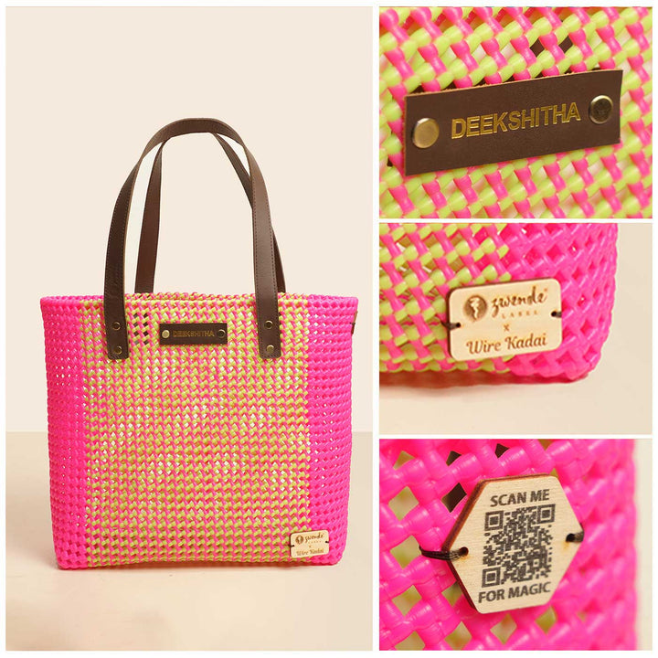 Pink And Green Blocks Handmade Wire Koodai Tote Bag