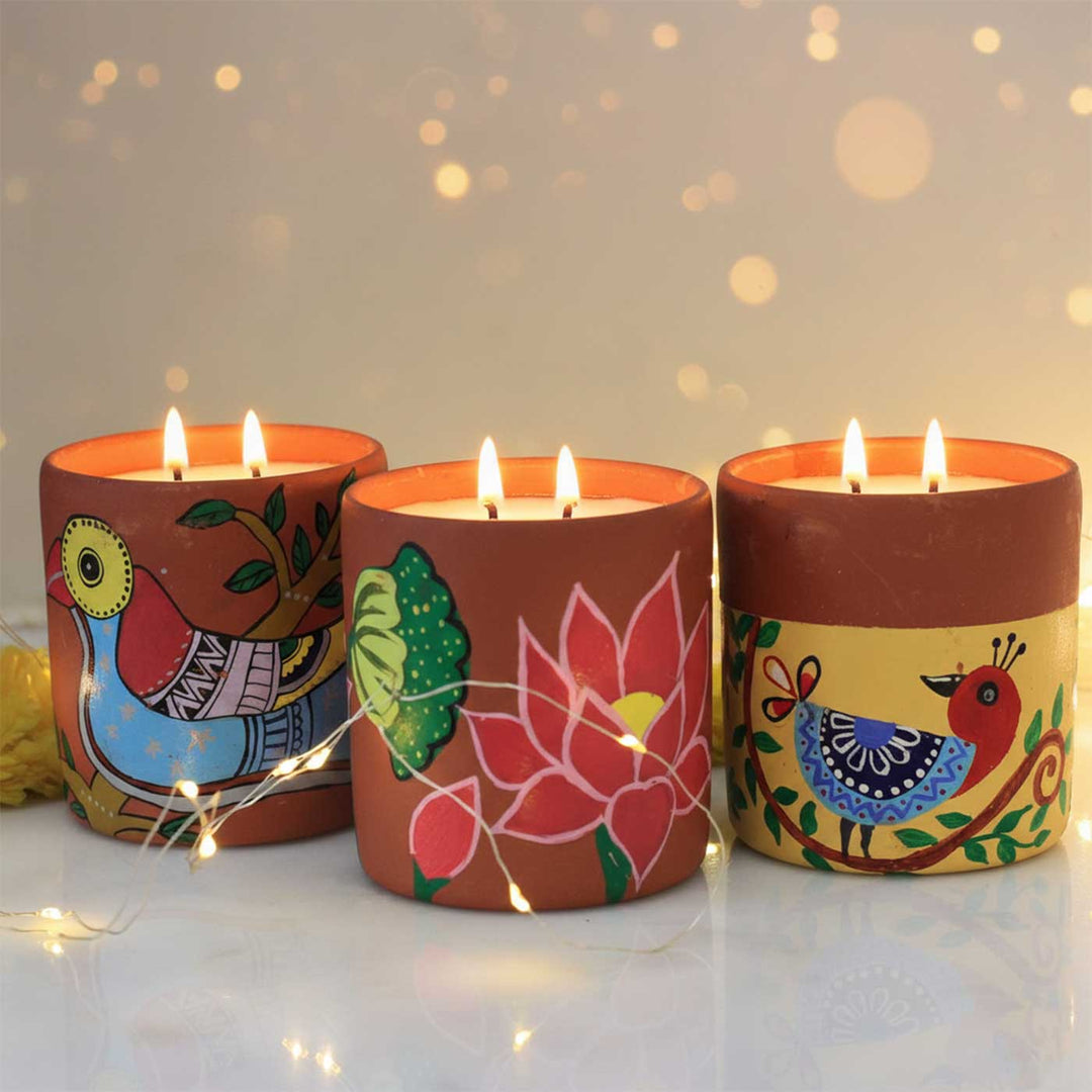 Hand-Painted Lotus Madhubani Terracotta Candle Jars