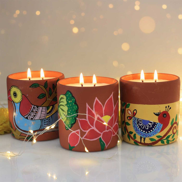 Hand-Painted Lotus Madhubani Terracotta Candle Jars