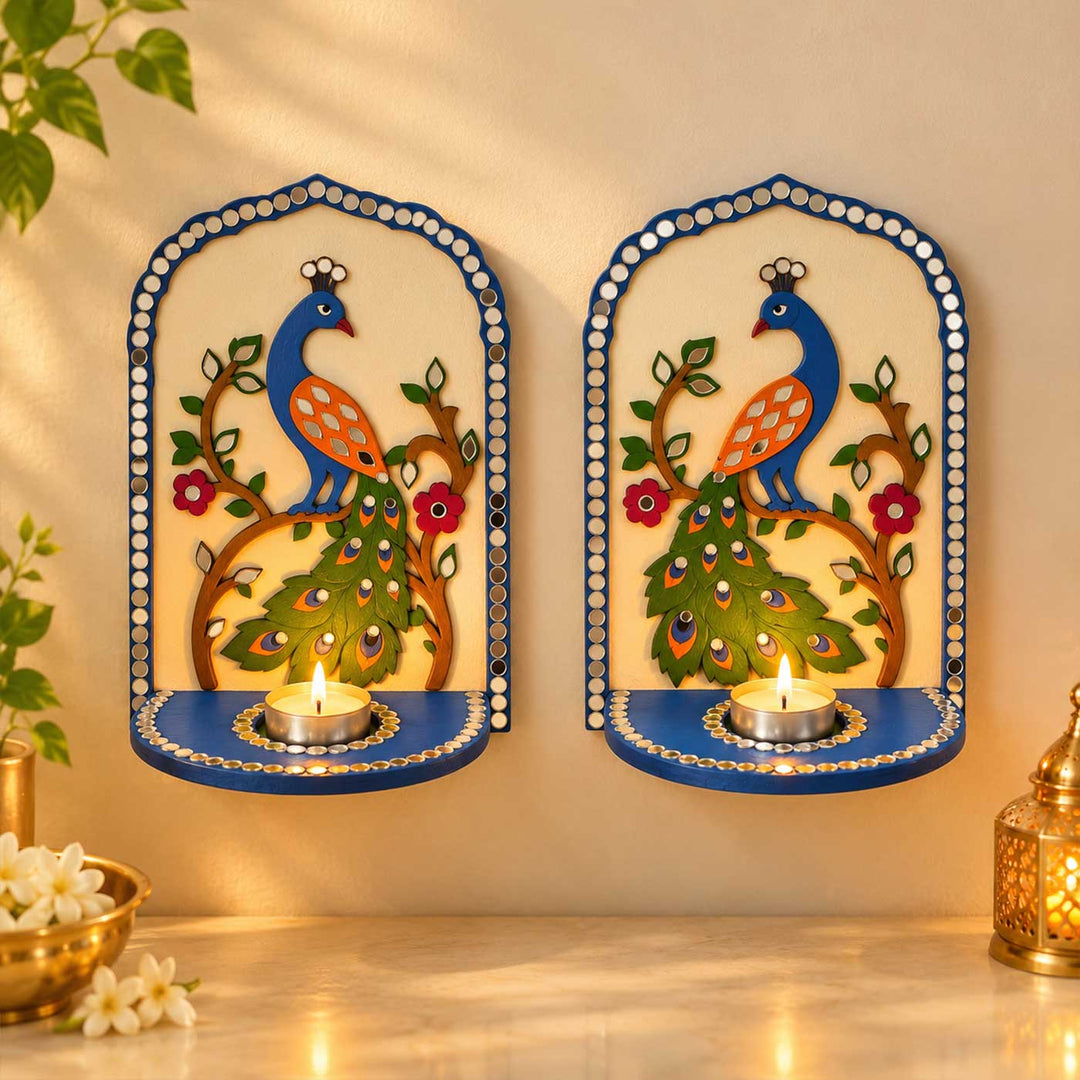 2 pc | Handcrafted Peacock Mirror Work MDF Tealight Holders For Festive Decor