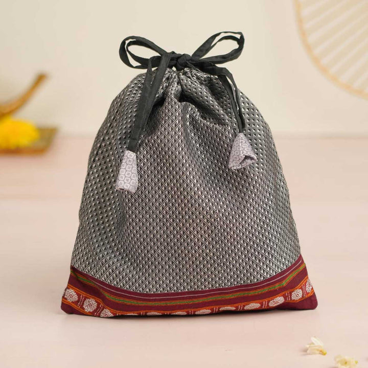 Handmade Grey Khunn Fabric Cotton Thamboolam Potli with Maroon Border