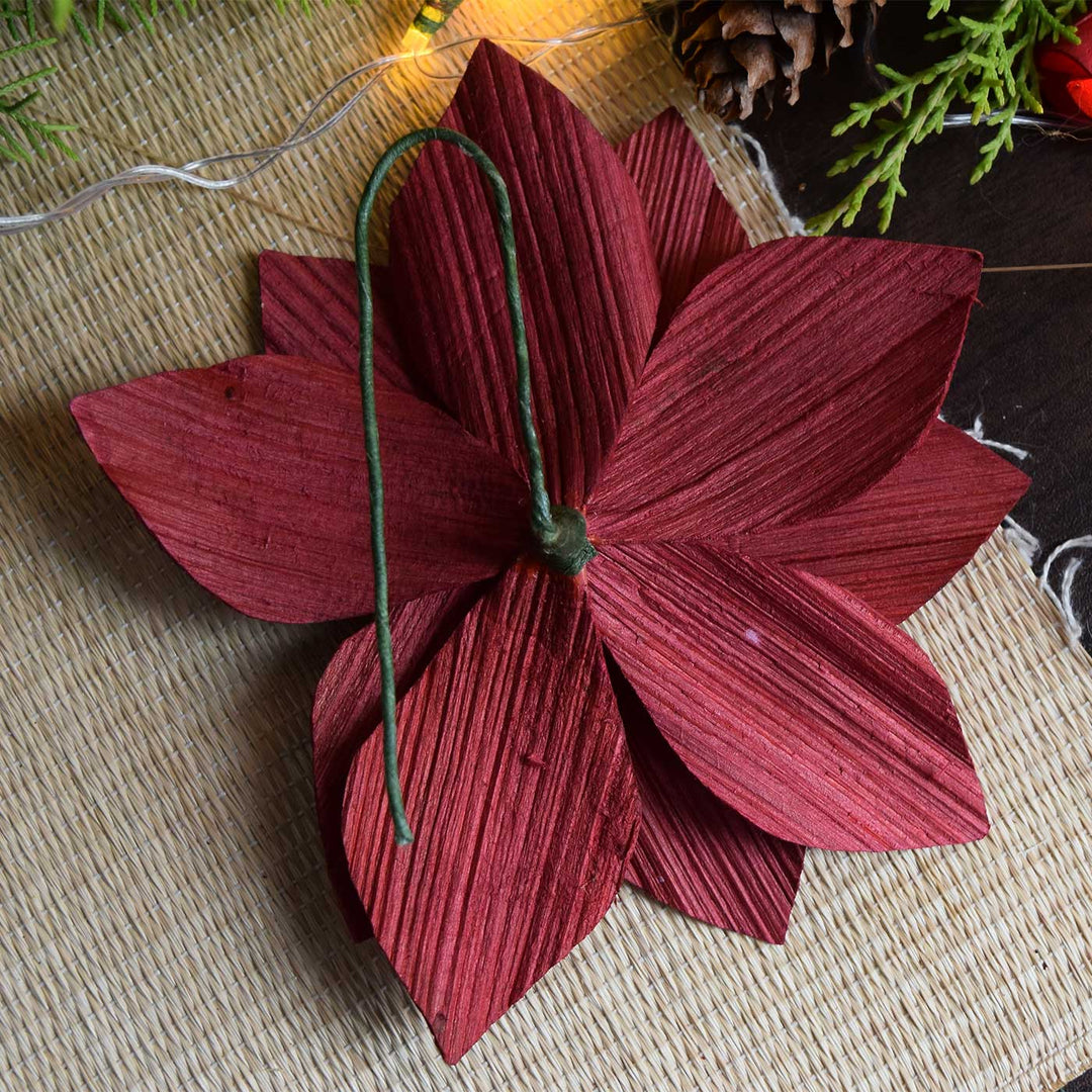 Handmade Areca Nut Red Poinsettia Flower Christmas Ornament