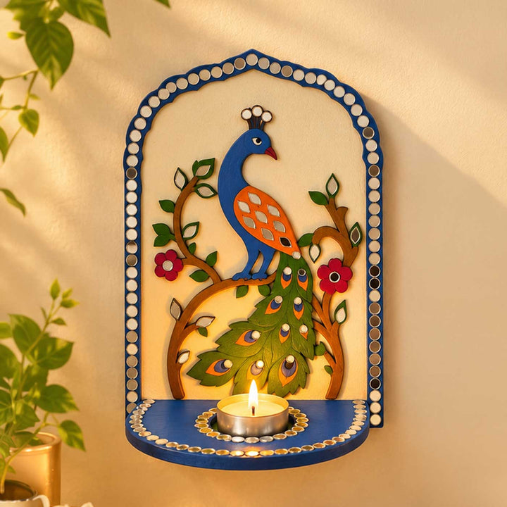 2 pc | Handcrafted Peacock Mirror Work MDF Tealight Holders For Festive Decor