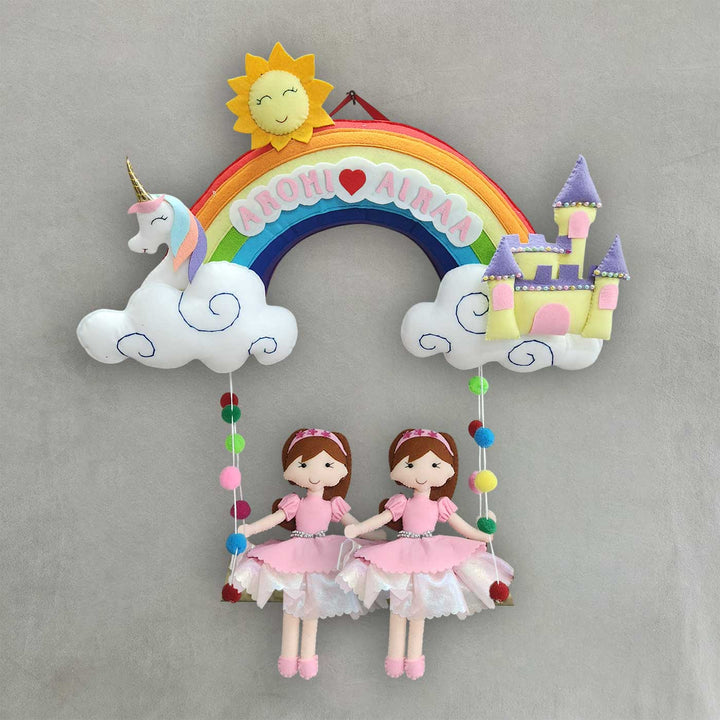Personalized Rainbow Theme Felt Kids Name Plate For Siblings