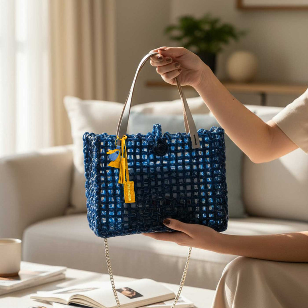 Handmade Grass Woven Boxed Metal Chain Strap Blue Sabai Mesh Sling Bag