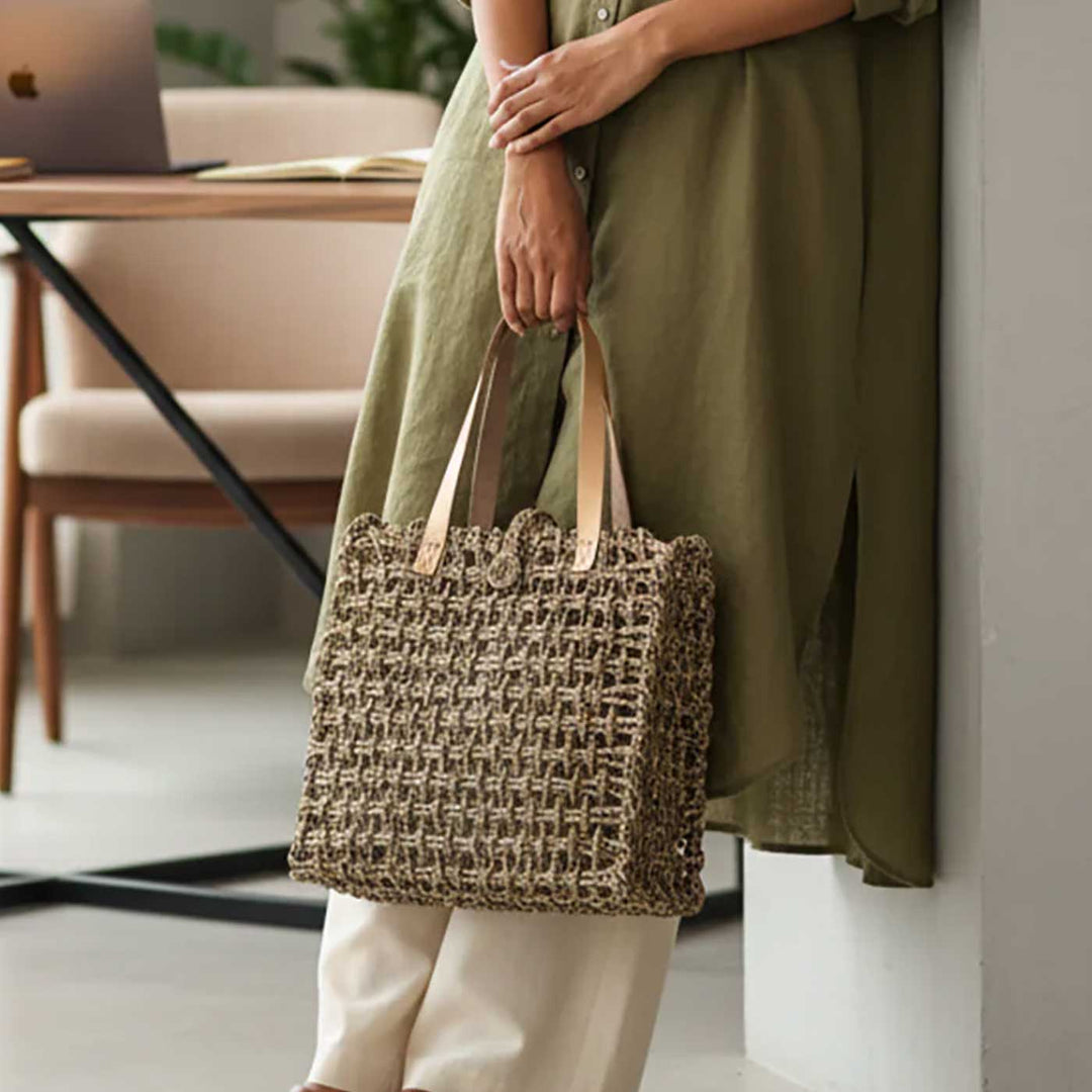 Handmade Grass Woven Rectangular Mesh Leather Strap Natural And Gold Sabai Mesh Tote Bag
