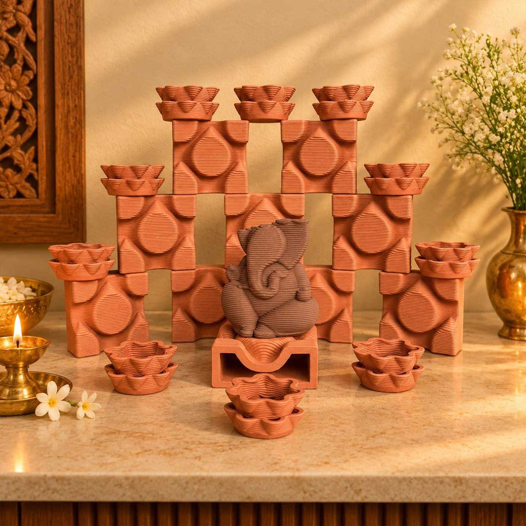 Handmade 3D Printed Small Ganpati Combo Stoneware Sculpture With Diyas & Base